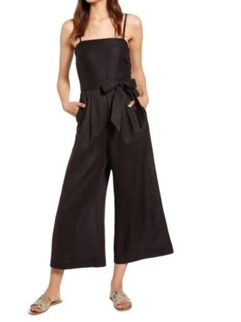 J. Crew Black Square-Neck Wide-Leg Jumpsuit Linen Size 6, no belt